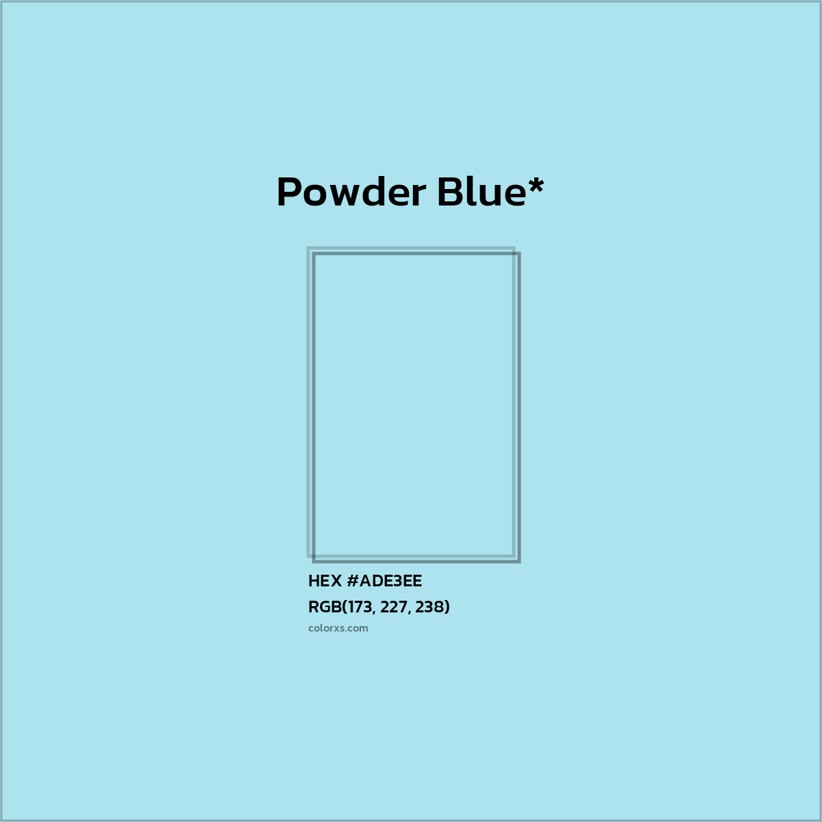 #ADE3EE hex color. RGB, RYB, CMYK, HSL, HSV codes and color conversions. Matching color names, palettes, paints.