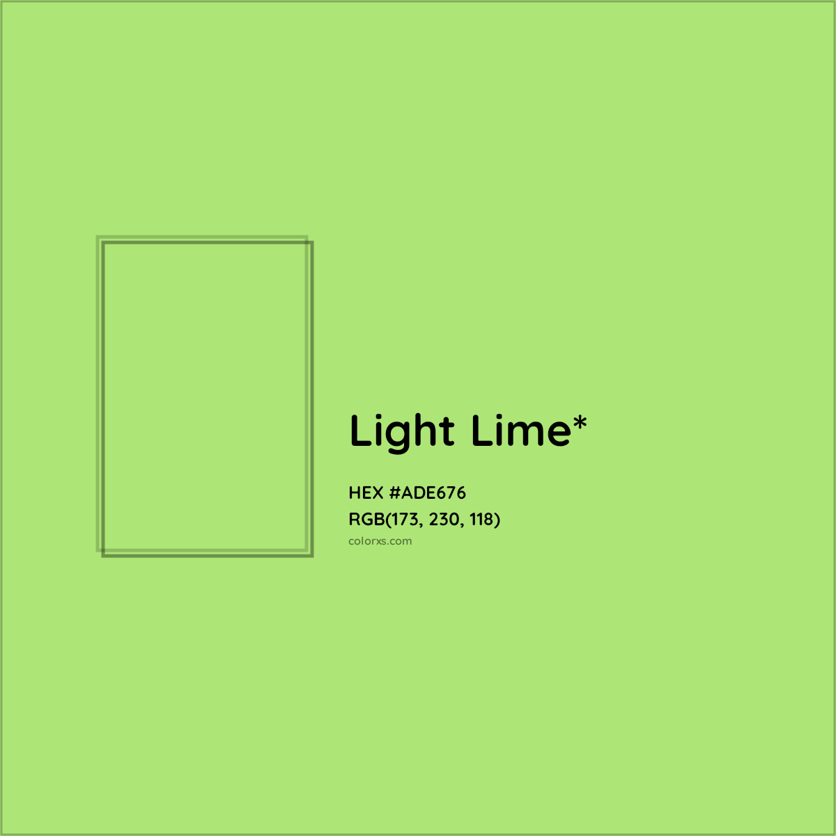 #ADE676 hex color. RGB, RYB, CMYK, HSL, HSV codes and color conversions. Matching color names, palettes, paints.