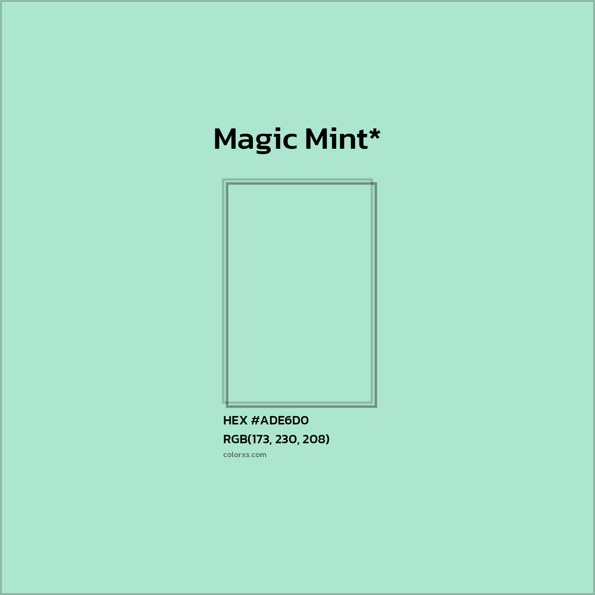 #ADE6D0 hex color. RGB, RYB, CMYK, HSL, HSV codes and color conversions. Matching color names, palettes, paints.