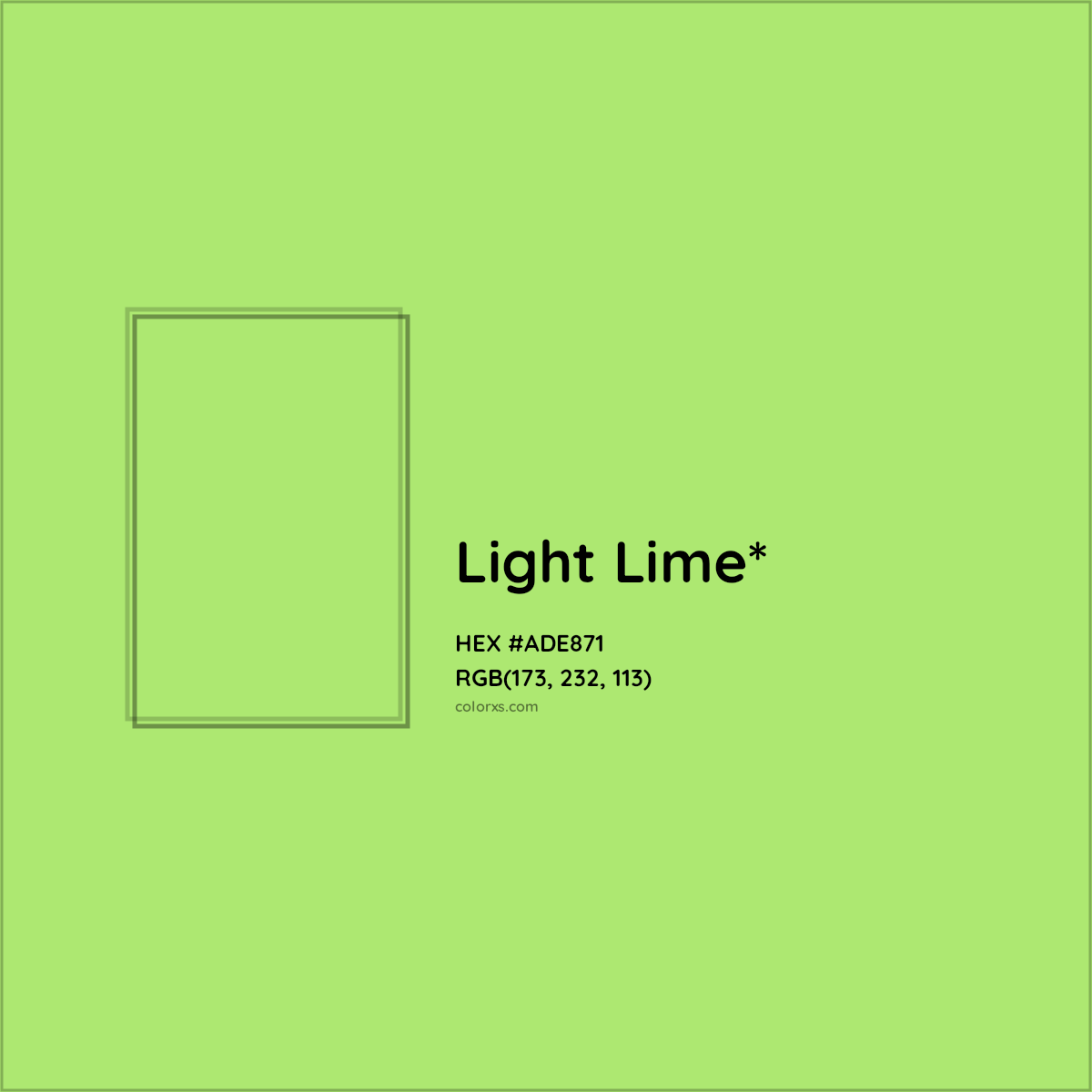 #ADE871 hex color. RGB, RYB, CMYK, HSL, HSV codes and color conversions. Matching color names, palettes, paints.