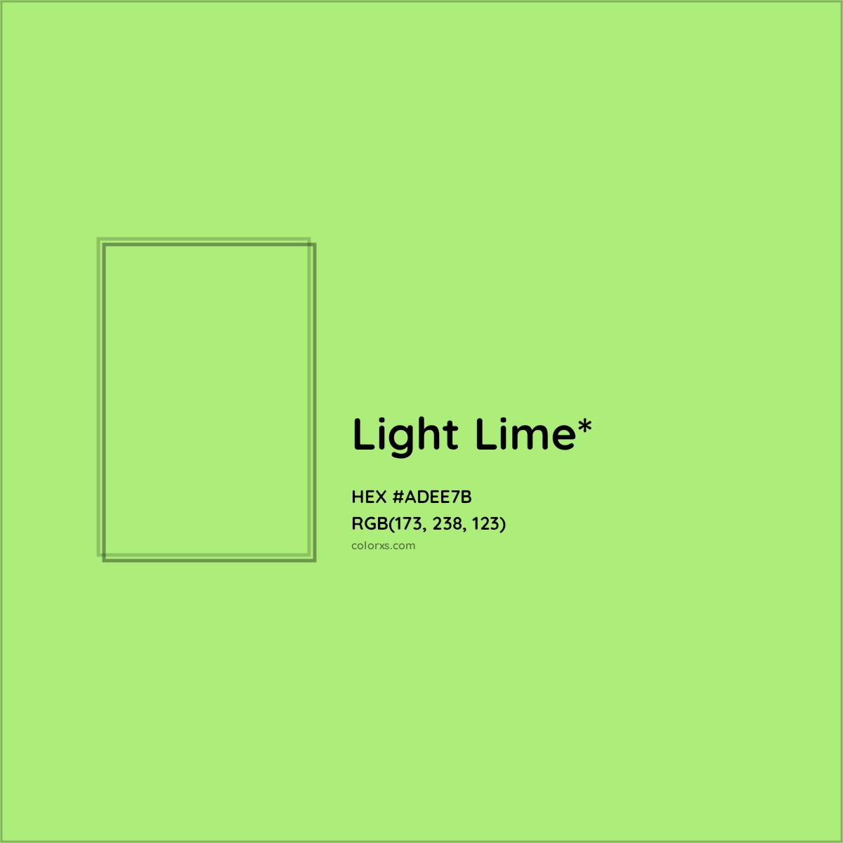 #ADEE7B hex color. RGB, RYB, CMYK, HSL, HSV codes and color conversions. Matching color names, palettes, paints.