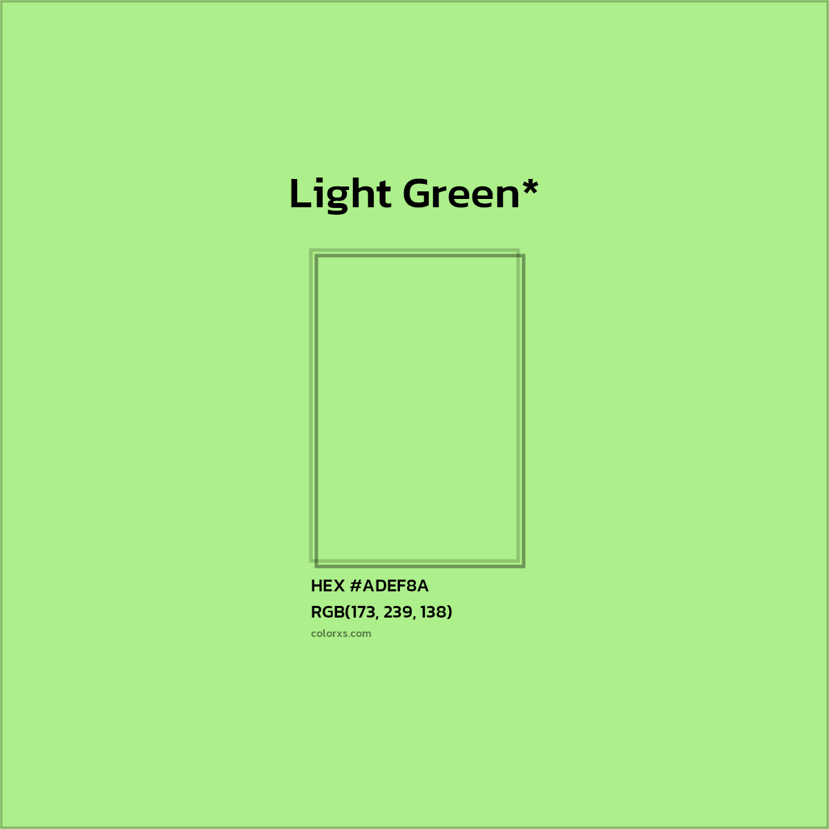 #ADEF8A hex color. RGB, RYB, CMYK, HSL, HSV codes and color conversions. Matching color names, palettes, paints.