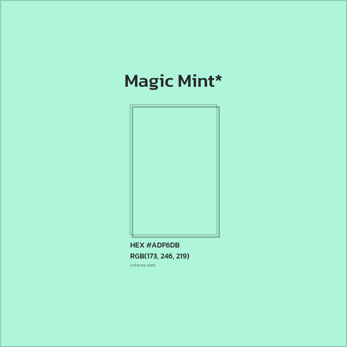 #ADF6DB hex color. RGB, RYB, CMYK, HSL, HSV codes and color conversions. Matching color names, palettes, paints.