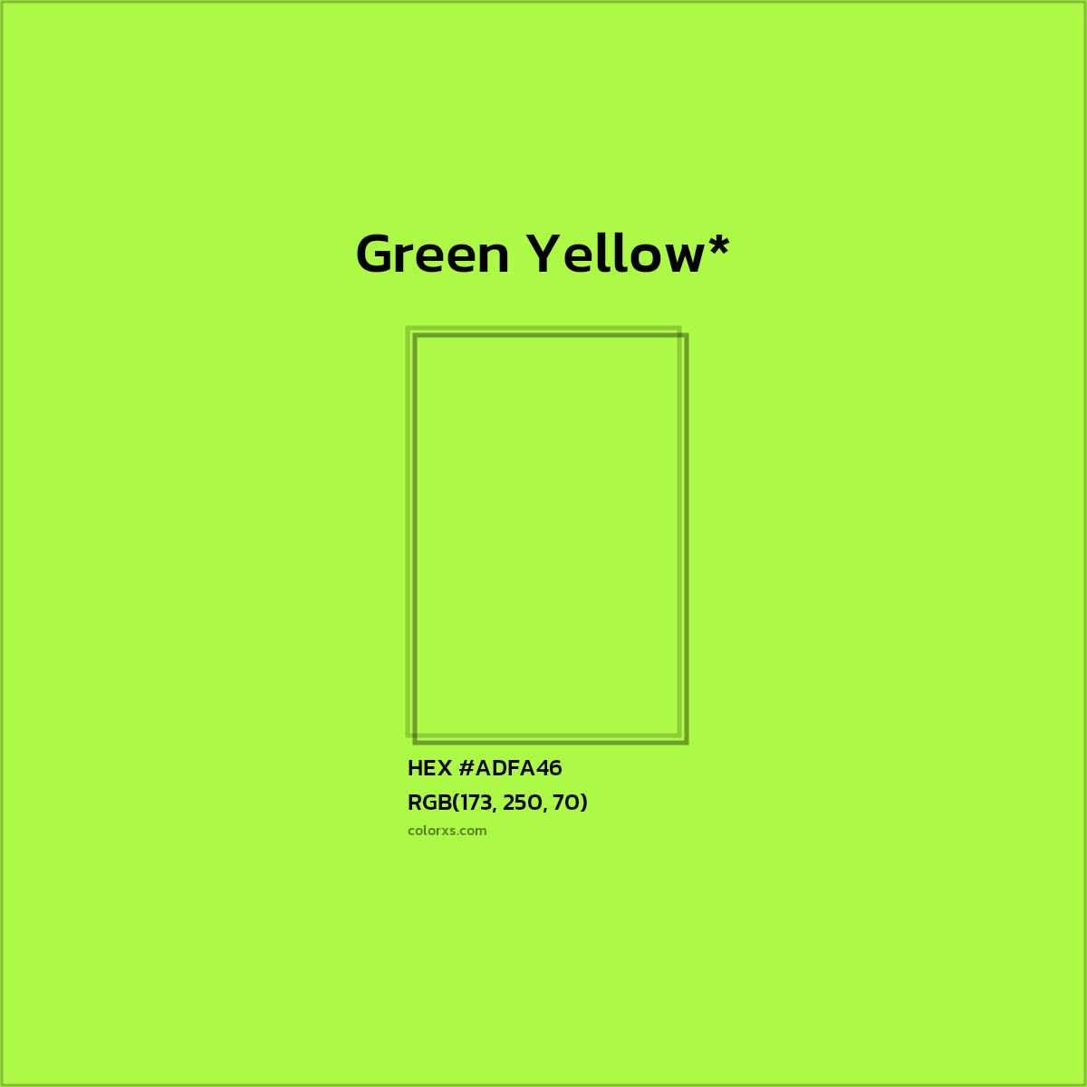 #ADFA46 hex color. RGB, RYB, CMYK, HSL, HSV codes and color conversions. Matching color names, palettes, paints.