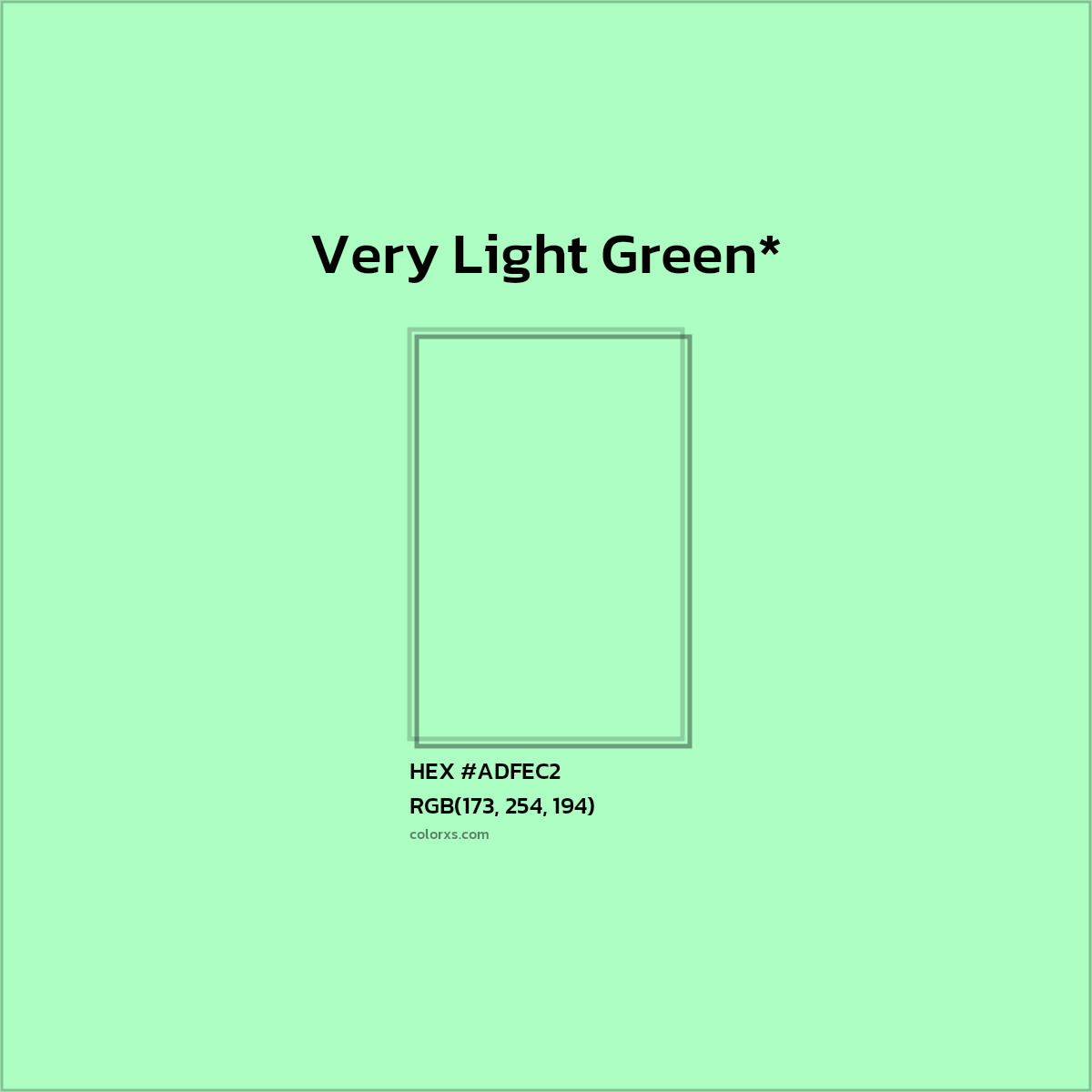 #ADFEC2 hex color. RGB, RYB, CMYK, HSL, HSV codes and color conversions. Matching color names, palettes, paints.