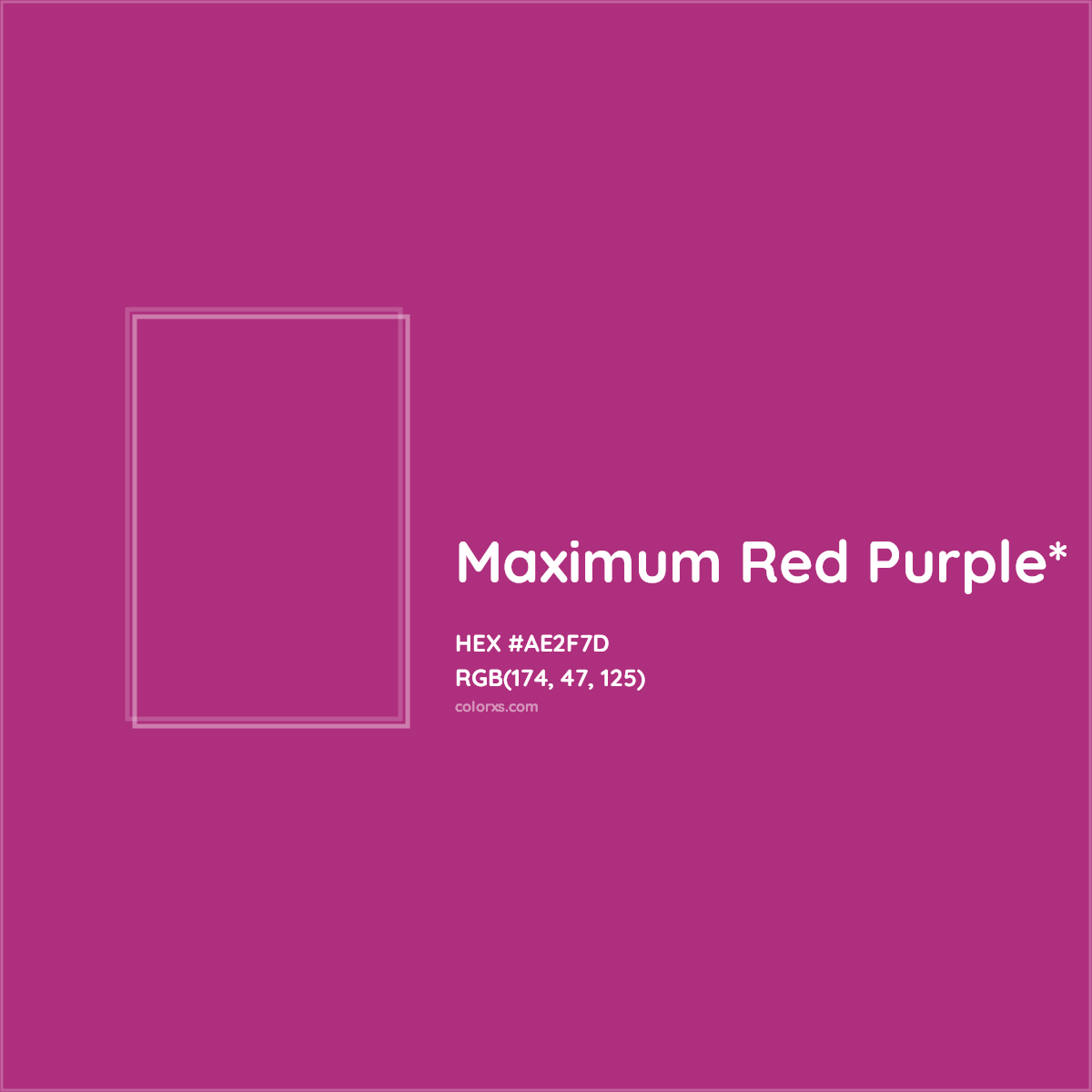 #AE2F7D hex color. RGB, RYB, CMYK, HSL, HSV codes and color conversions. Matching color names, palettes, paints.
