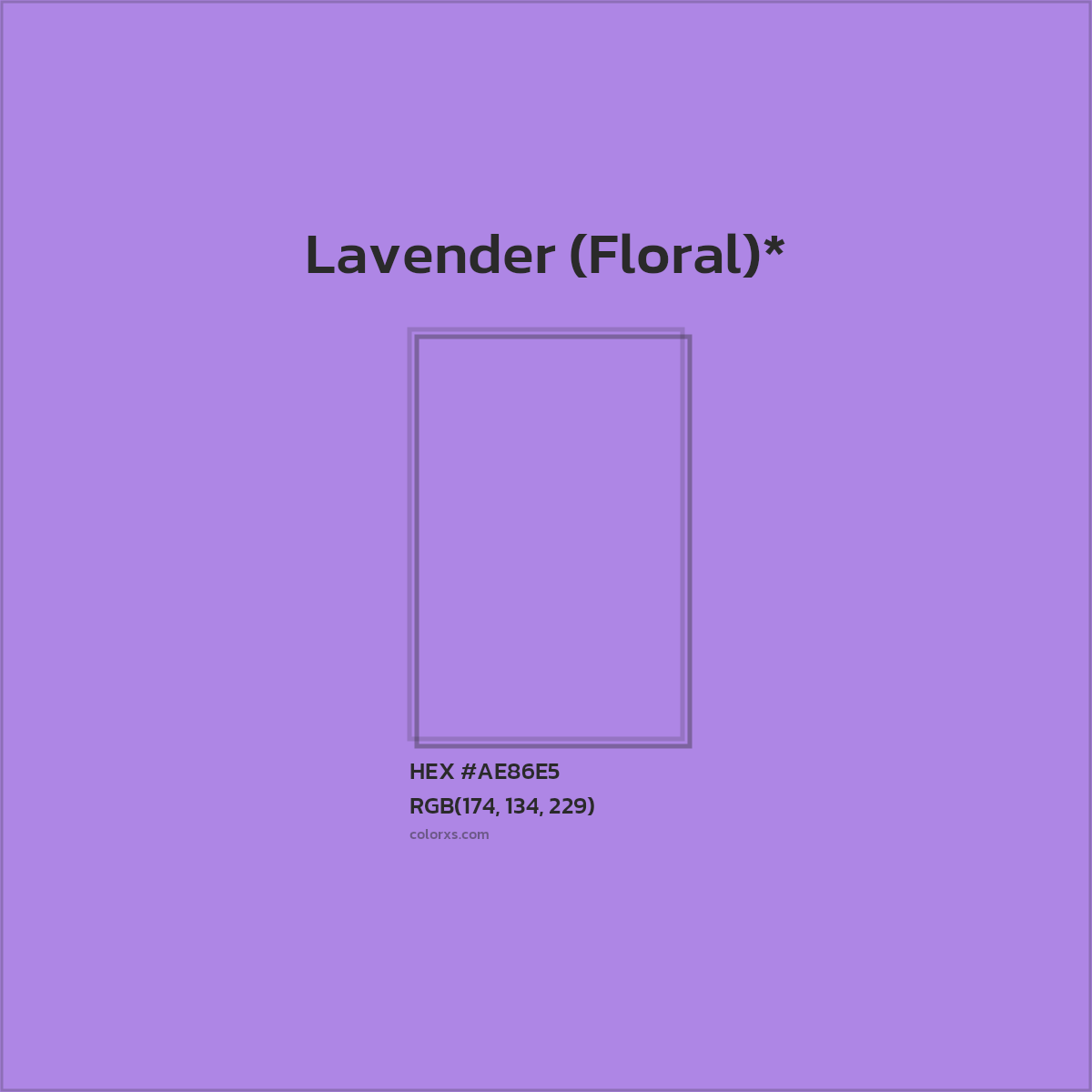 #AE86E5 hex color. RGB, RYB, CMYK, HSL, HSV codes and color conversions. Matching color names, palettes, paints.