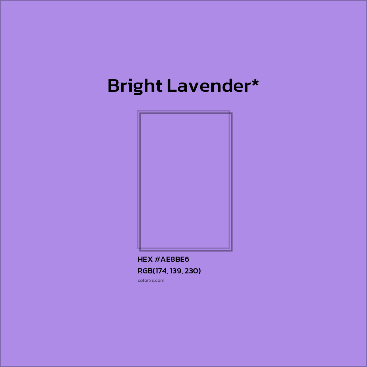 #AE8BE6 hex color. RGB, RYB, CMYK, HSL, HSV codes and color conversions. Matching color names, palettes, paints.