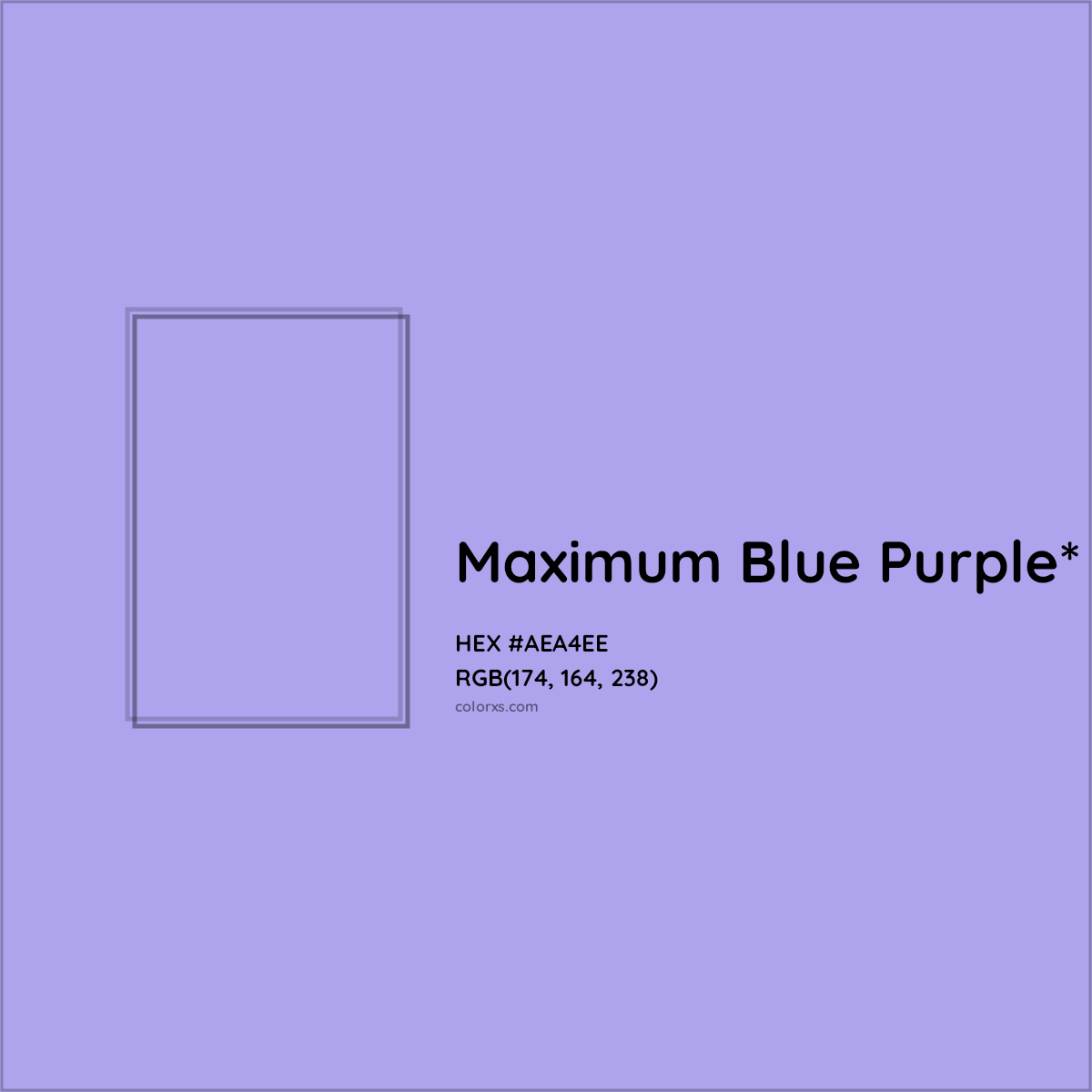 #AEA4EE hex color. RGB, RYB, CMYK, HSL, HSV codes and color conversions. Matching color names, palettes, paints.