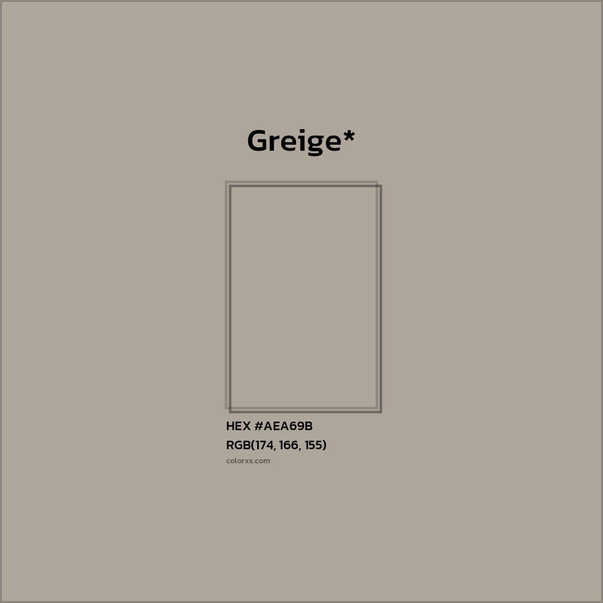 #AEA69B hex color. RGB, RYB, CMYK, HSL, HSV codes and color conversions. Matching color names, palettes, paints.