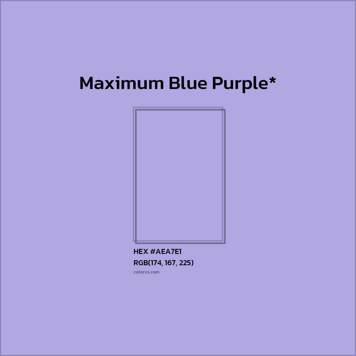 #AEA7E1 hex color. RGB, RYB, CMYK, HSL, HSV codes and color conversions. Matching color names, palettes, paints.