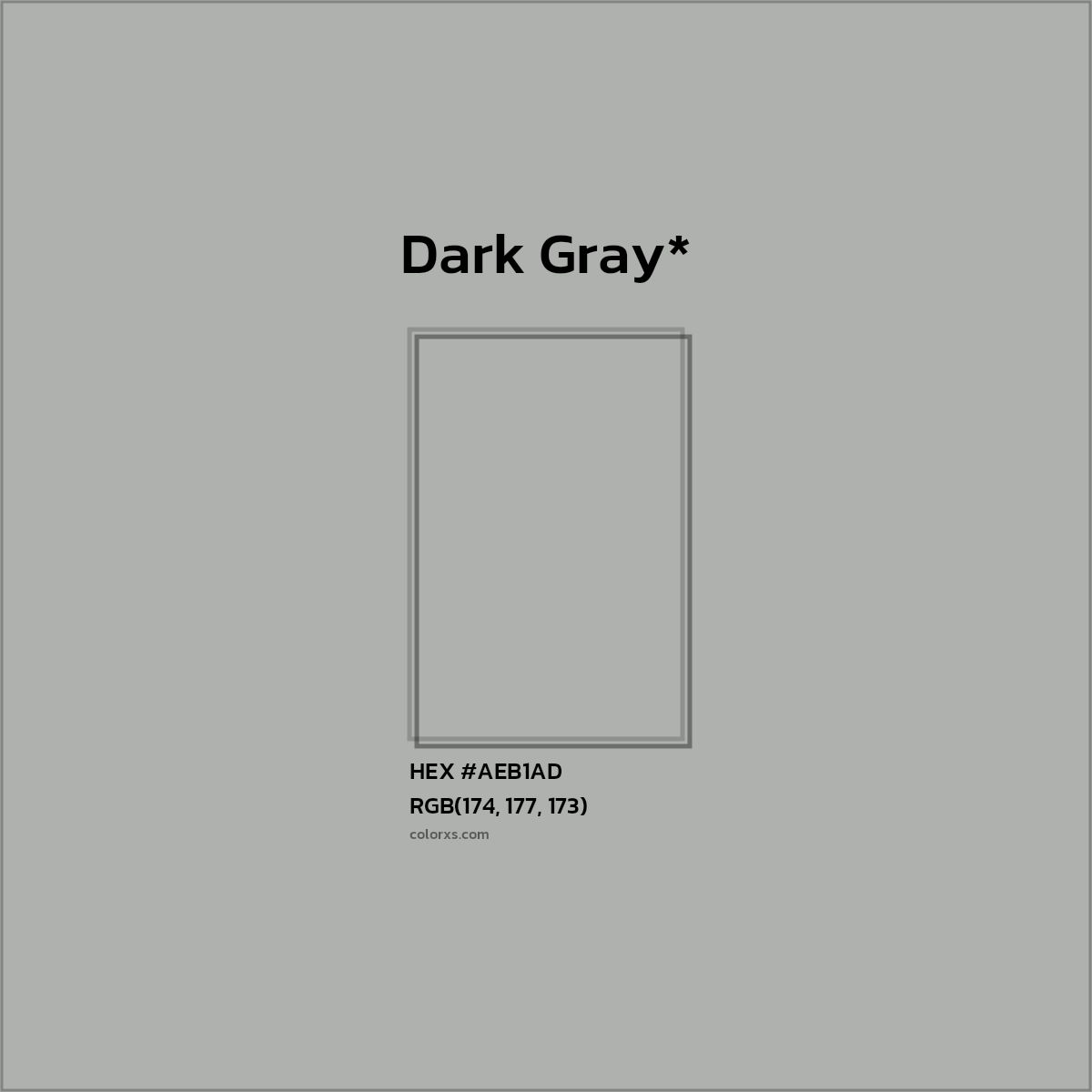 #AEB1AD hex color. RGB, RYB, CMYK, HSL, HSV codes and color conversions. Matching color names, palettes, paints.