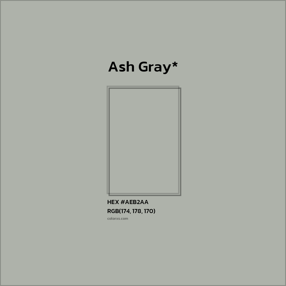 #AEB2AA hex color. RGB, RYB, CMYK, HSL, HSV codes and color conversions. Matching color names, palettes, paints.