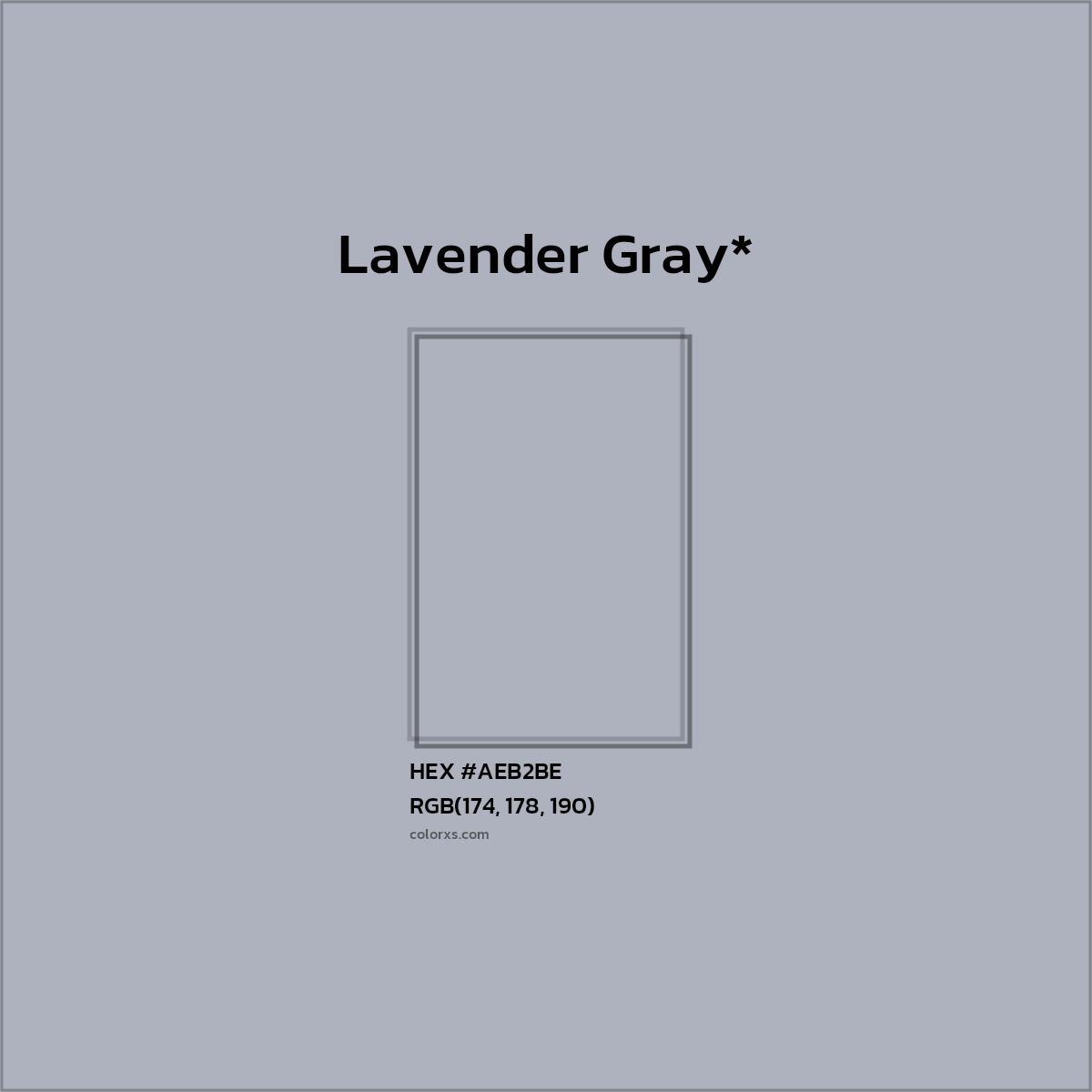 #AEB2BE hex color. RGB, RYB, CMYK, HSL, HSV codes and color conversions. Matching color names, palettes, paints.