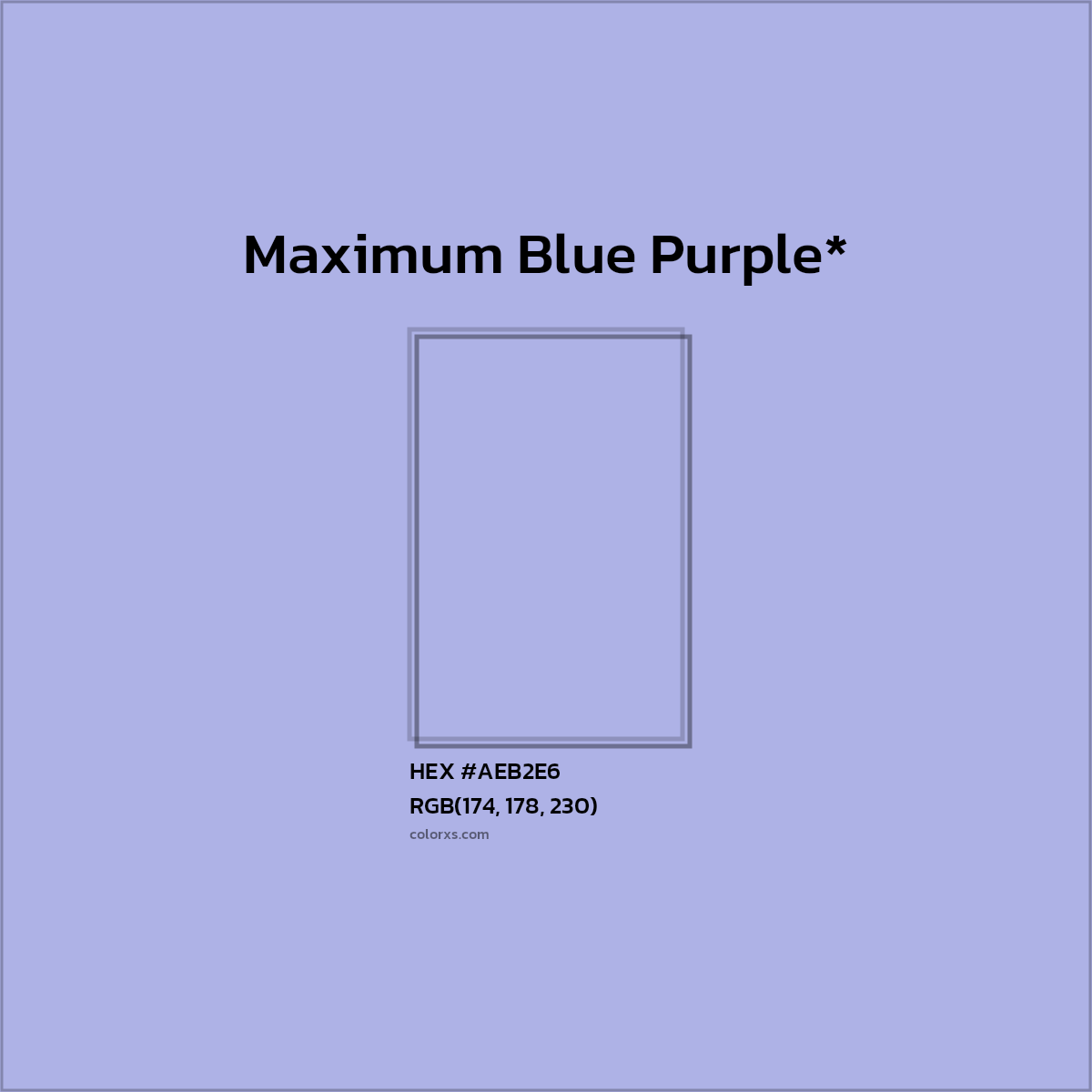 #AEB2E6 hex color. RGB, RYB, CMYK, HSL, HSV codes and color conversions. Matching color names, palettes, paints.