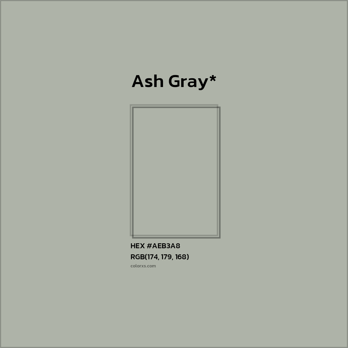 #AEB3A8 hex color. RGB, RYB, CMYK, HSL, HSV codes and color conversions. Matching color names, palettes, paints.