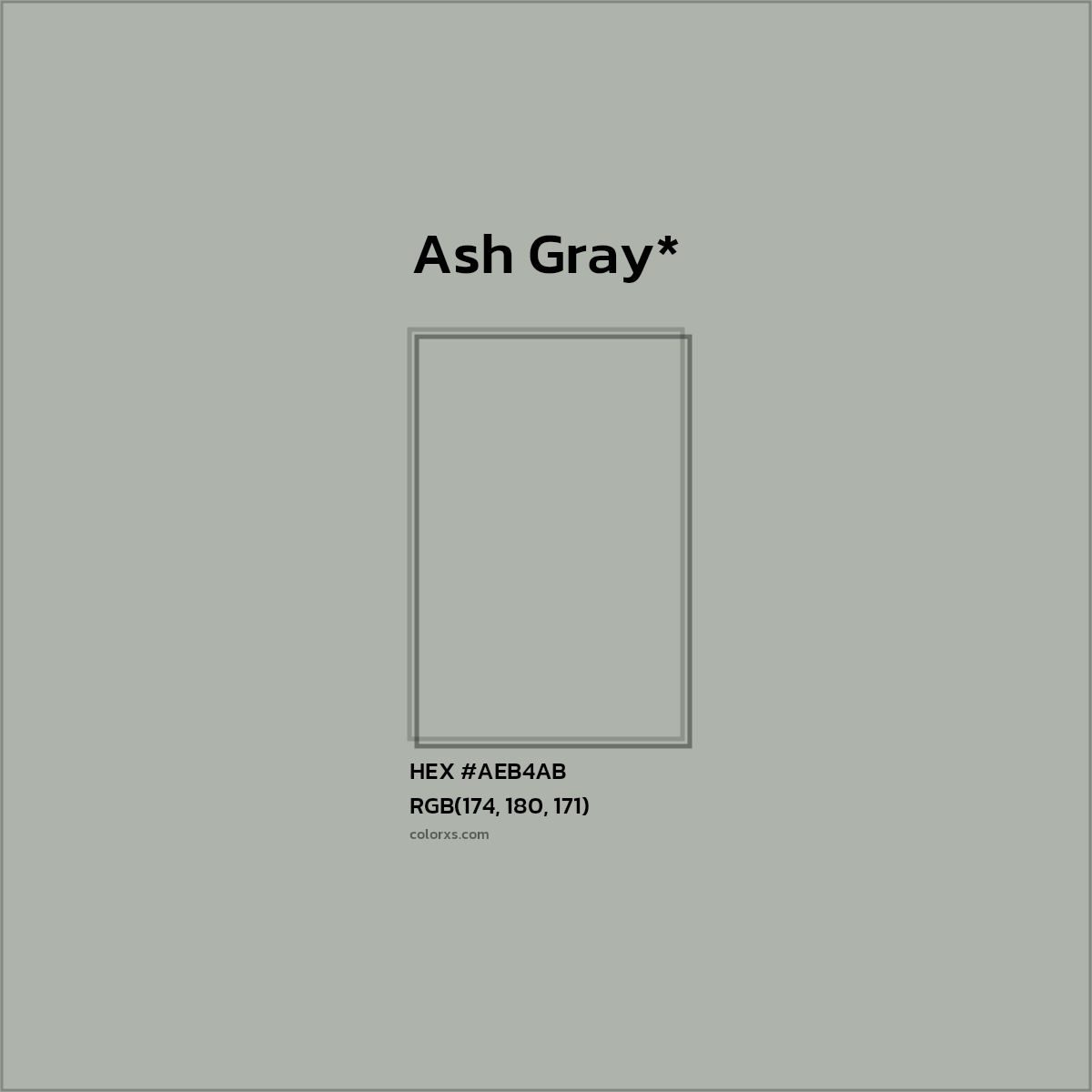 #AEB4AB hex color. RGB, RYB, CMYK, HSL, HSV codes and color conversions. Matching color names, palettes, paints.