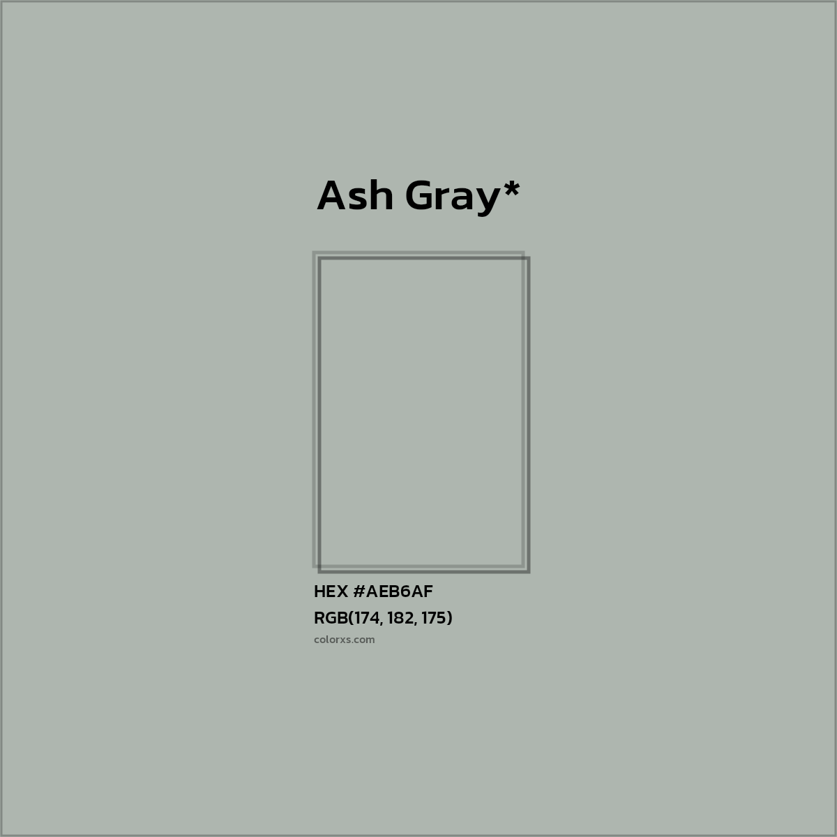 #AEB6AF hex color. RGB, RYB, CMYK, HSL, HSV codes and color conversions. Matching color names, palettes, paints.