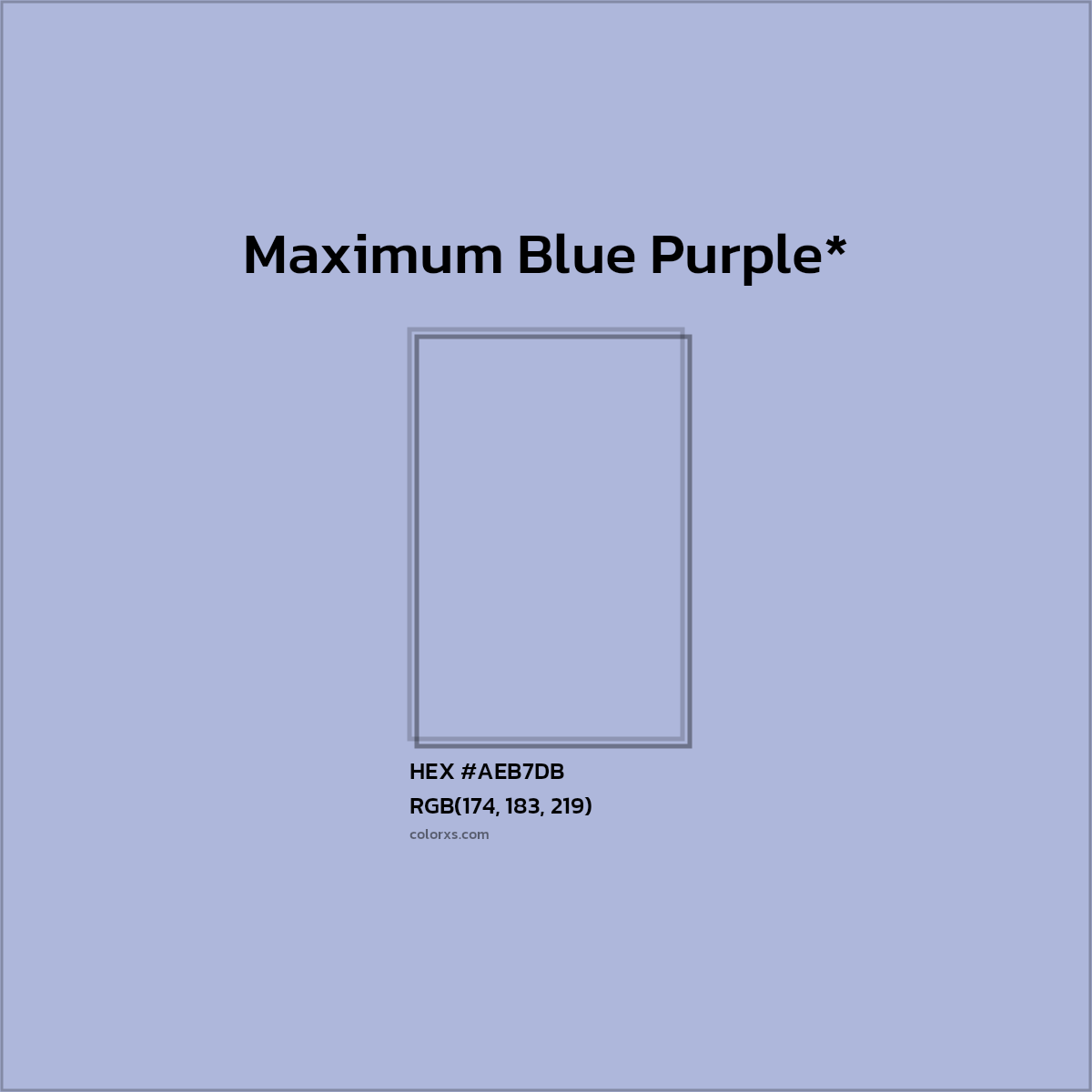 #AEB7DB hex color. RGB, RYB, CMYK, HSL, HSV codes and color conversions. Matching color names, palettes, paints.