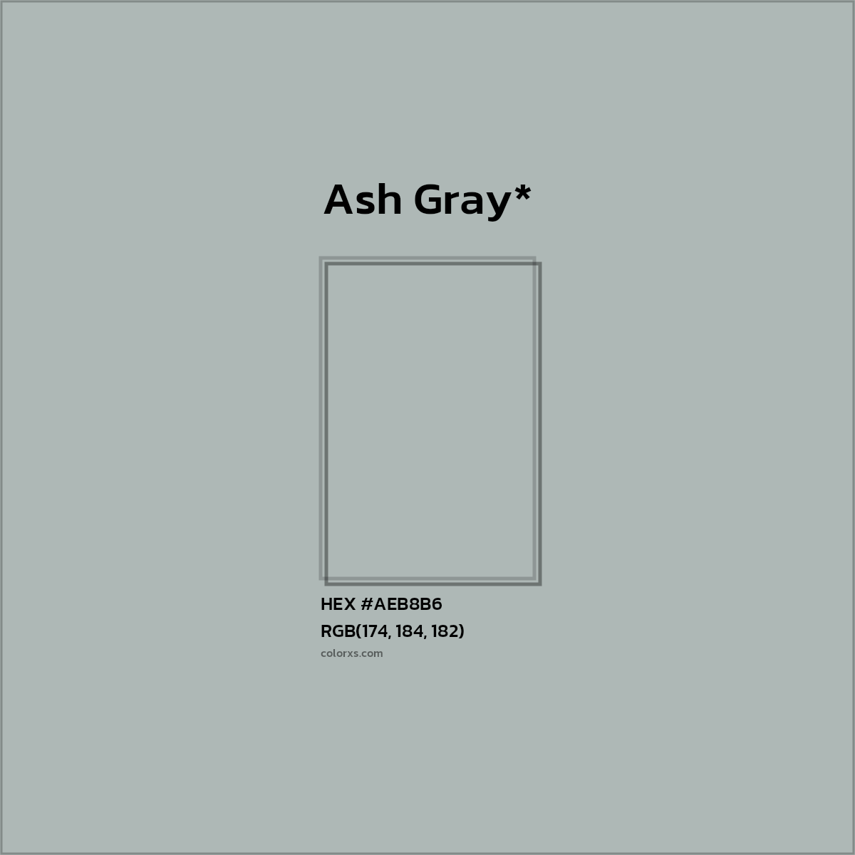 #AEB8B6 hex color. RGB, RYB, CMYK, HSL, HSV codes and color conversions. Matching color names, palettes, paints.