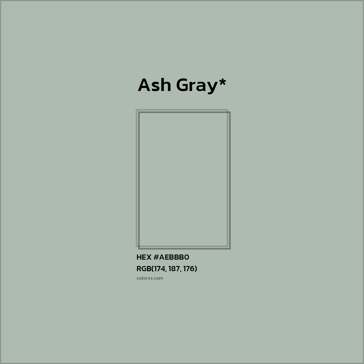 #AEBBB0 hex color. RGB, RYB, CMYK, HSL, HSV codes and color conversions. Matching color names, palettes, paints.