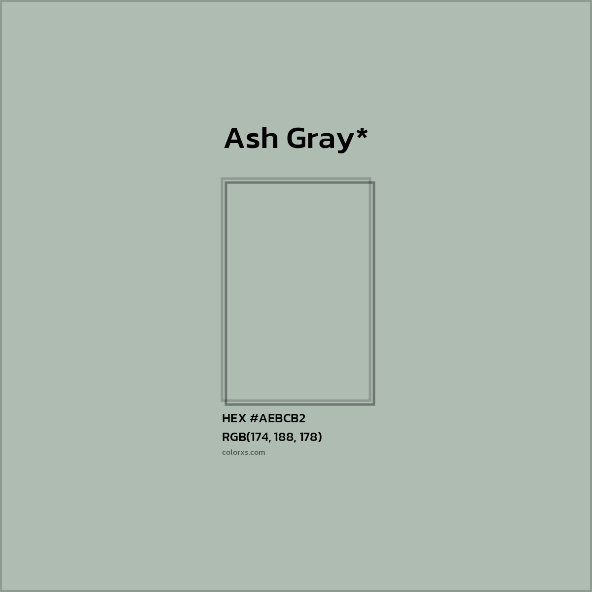 #AEBCB2 hex color. RGB, RYB, CMYK, HSL, HSV codes and color conversions. Matching color names, palettes, paints.