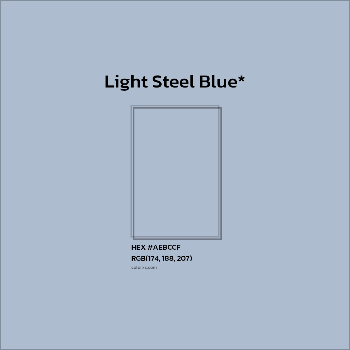 #AEBCCF hex color. RGB, RYB, CMYK, HSL, HSV codes and color conversions. Matching color names, palettes, paints.