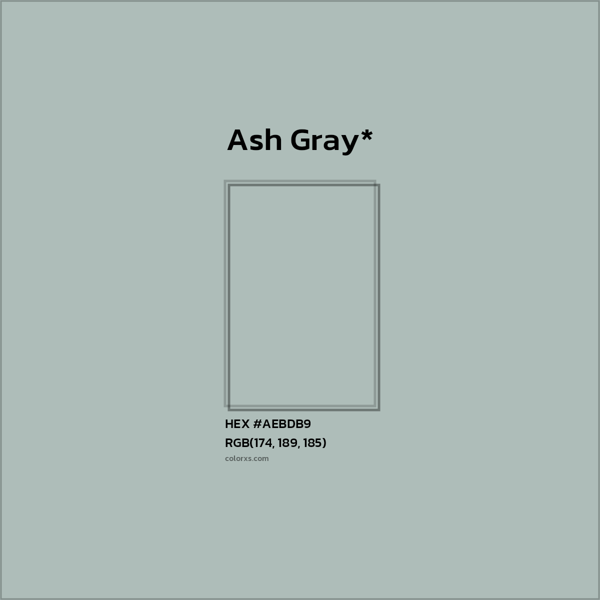 #AEBDB9 hex color. RGB, RYB, CMYK, HSL, HSV codes and color conversions. Matching color names, palettes, paints.