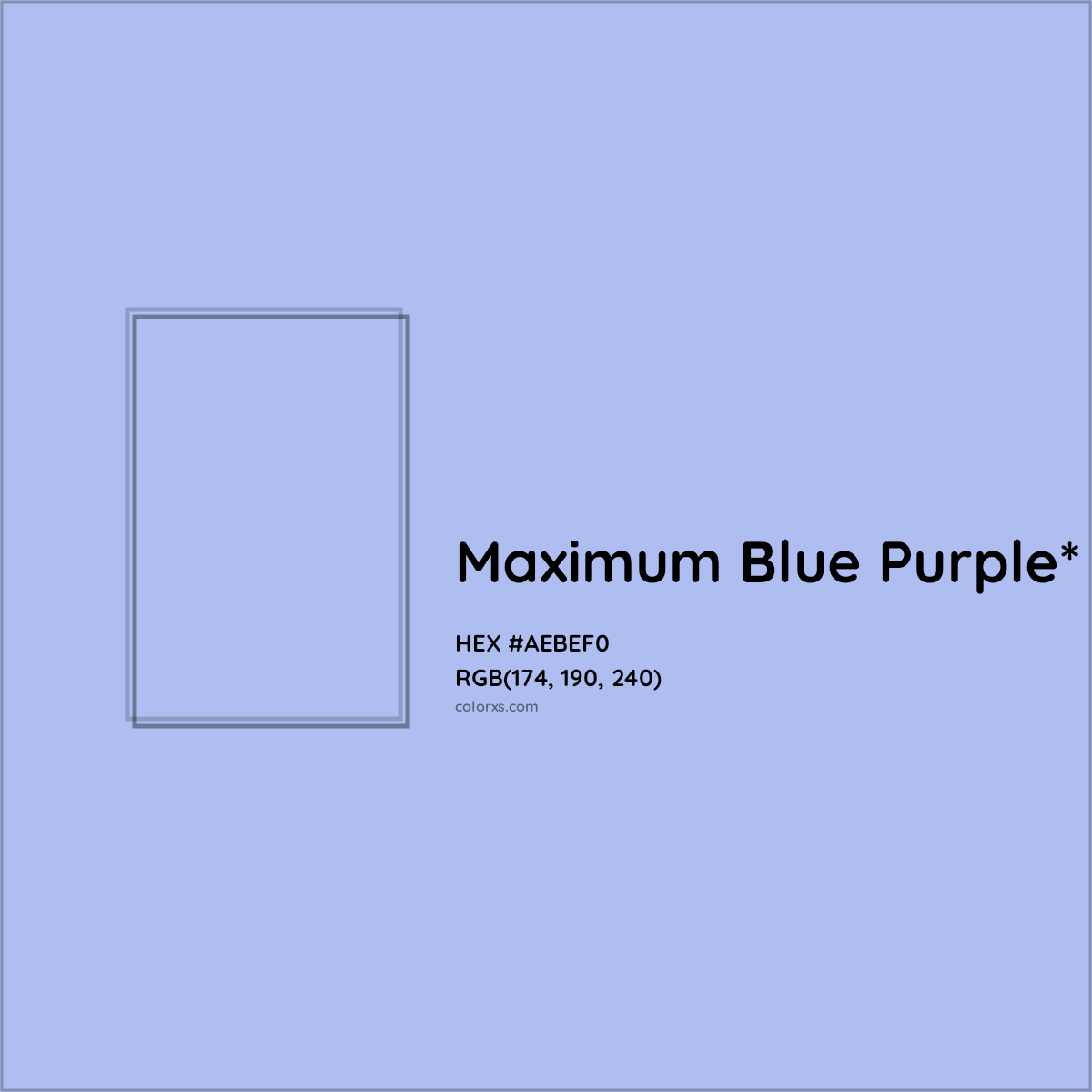 #AEBEF0 hex color. RGB, RYB, CMYK, HSL, HSV codes and color conversions. Matching color names, palettes, paints.