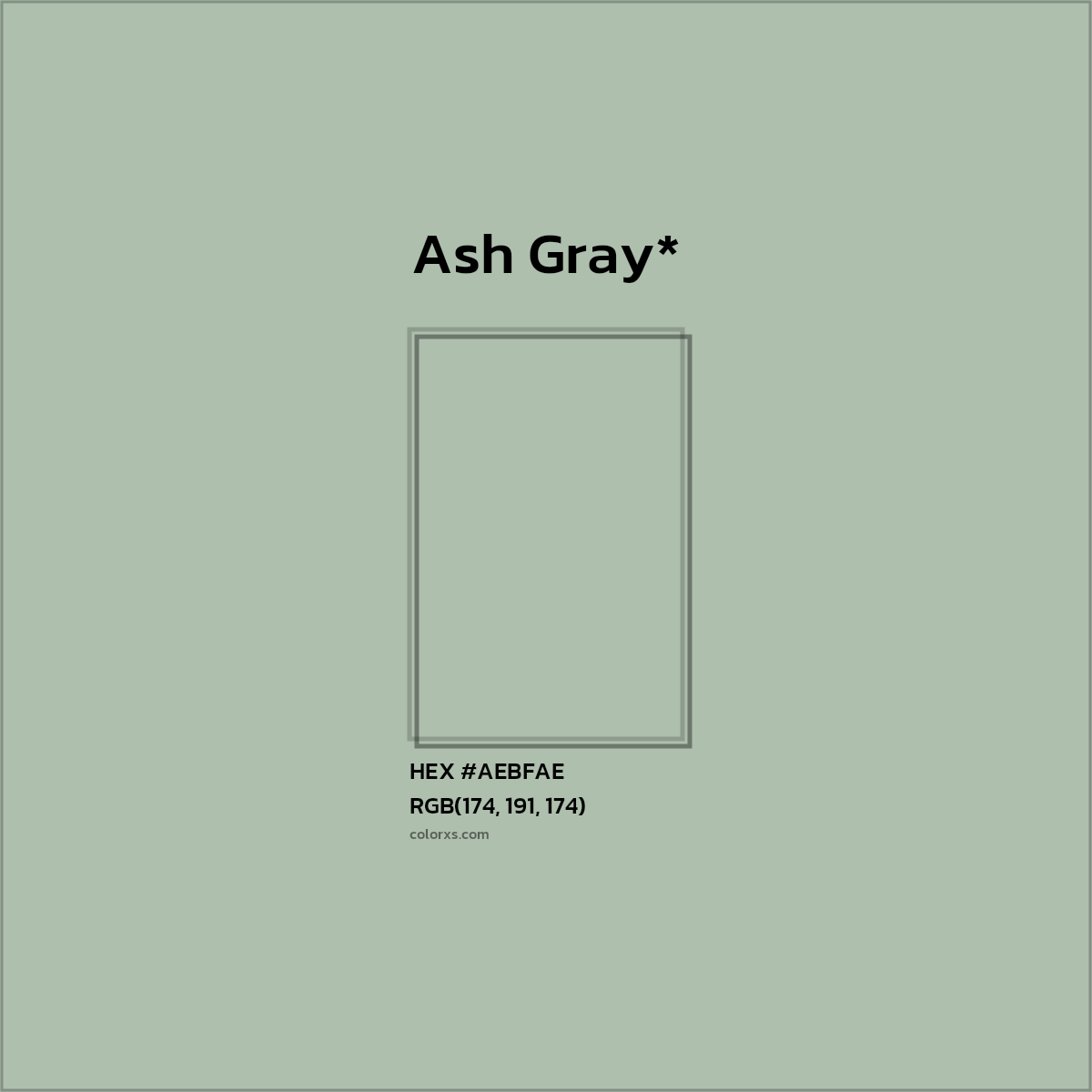 #AEBFAE hex color. RGB, RYB, CMYK, HSL, HSV codes and color conversions. Matching color names, palettes, paints.