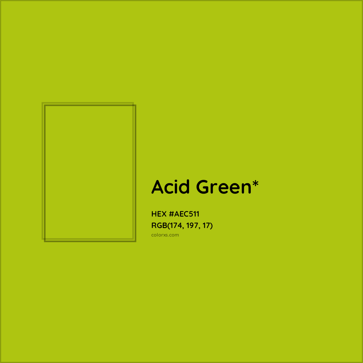 #AEC511 hex color. RGB, RYB, CMYK, HSL, HSV codes and color conversions. Matching color names, palettes, paints.