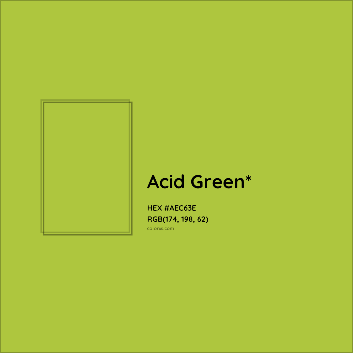 #AEC63E hex color. RGB, RYB, CMYK, HSL, HSV codes and color conversions. Matching color names, palettes, paints.