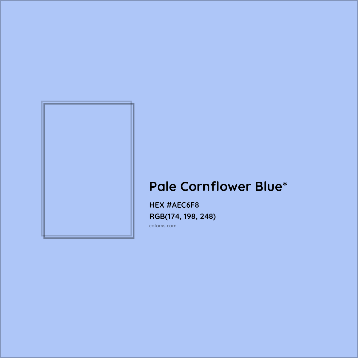 #AEC6F8 hex color. RGB, RYB, CMYK, HSL, HSV codes and color conversions. Matching color names, palettes, paints.