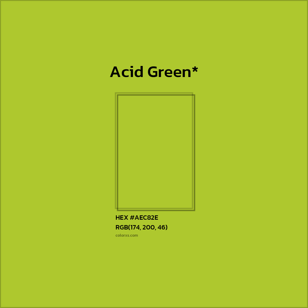 #AEC82E hex color. RGB, RYB, CMYK, HSL, HSV codes and color conversions. Matching color names, palettes, paints.