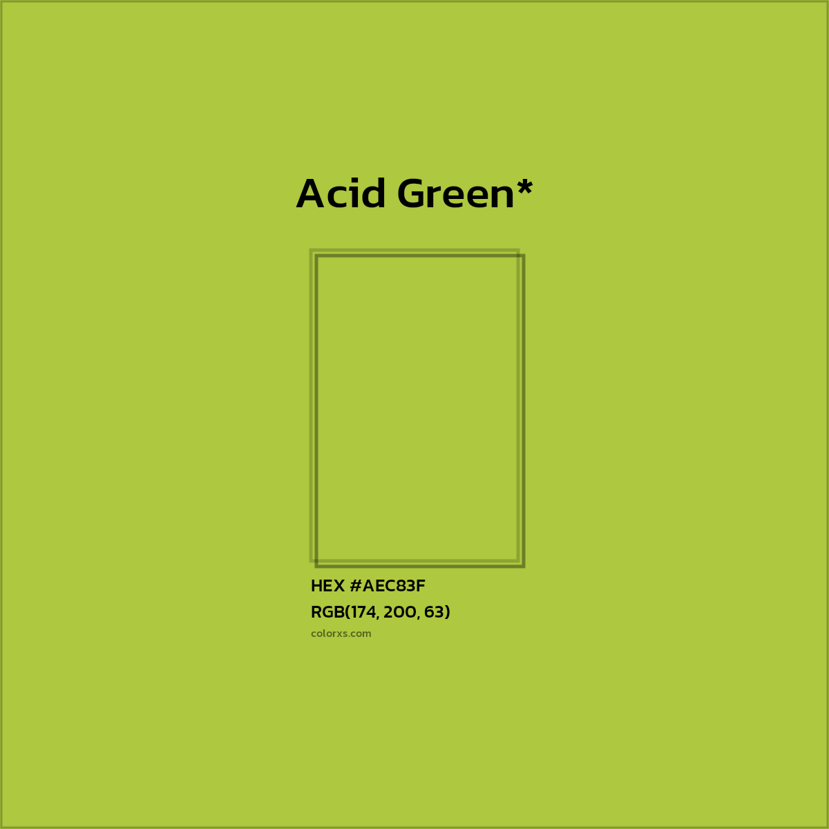 #AEC83F hex color. RGB, RYB, CMYK, HSL, HSV codes and color conversions. Matching color names, palettes, paints.