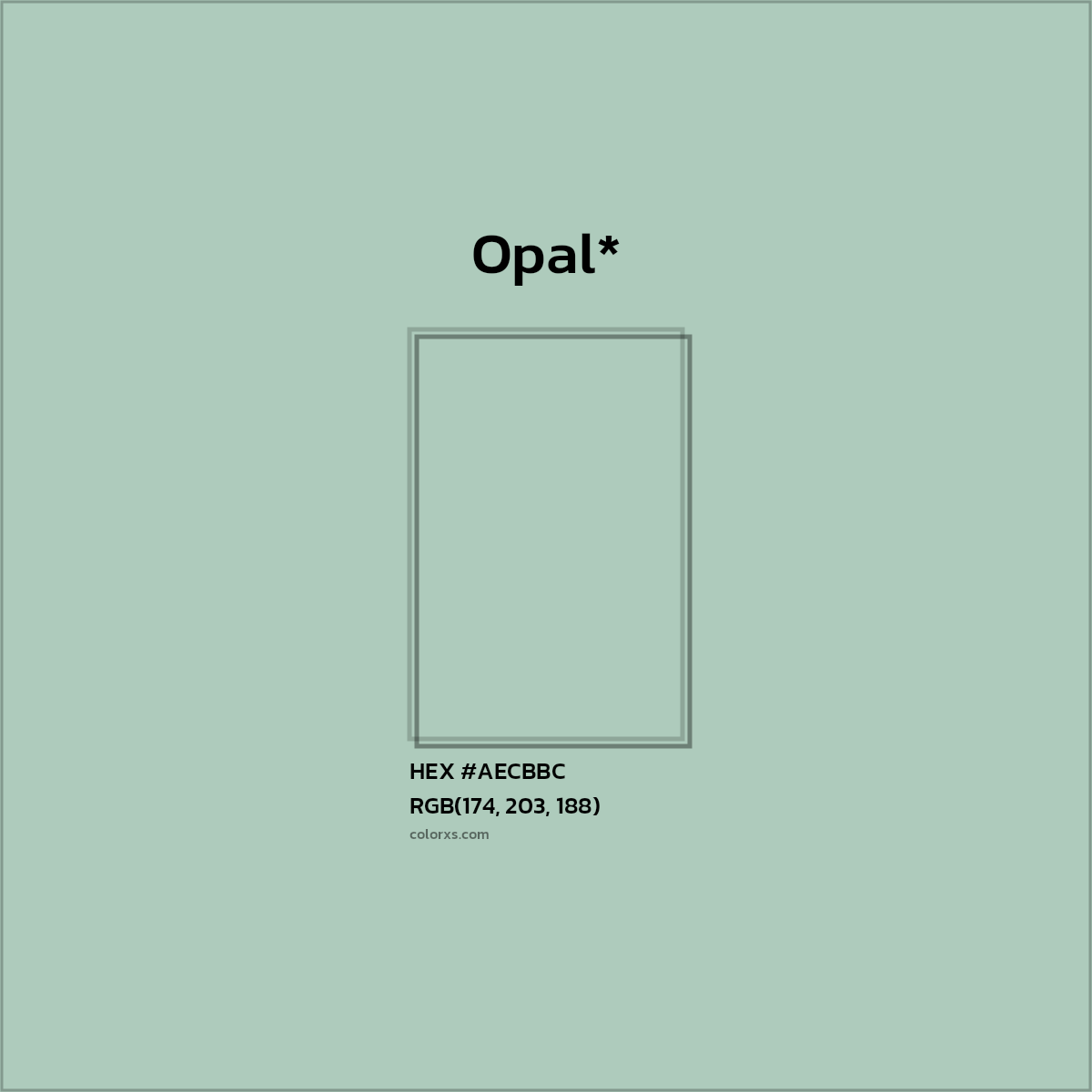 #AECBBC hex color. RGB, RYB, CMYK, HSL, HSV codes and color conversions. Matching color names, palettes, paints.
