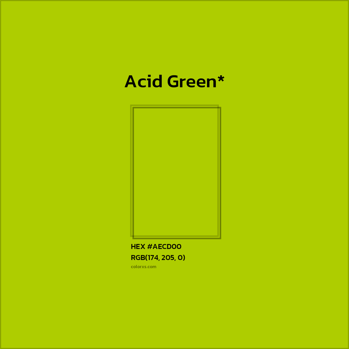 #AECD00 hex color. RGB, RYB, CMYK, HSL, HSV codes and color conversions. Matching color names, palettes, paints.