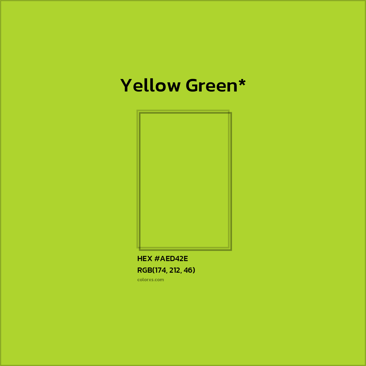#AED42E hex color. RGB, RYB, CMYK, HSL, HSV codes and color conversions. Matching color names, palettes, paints.