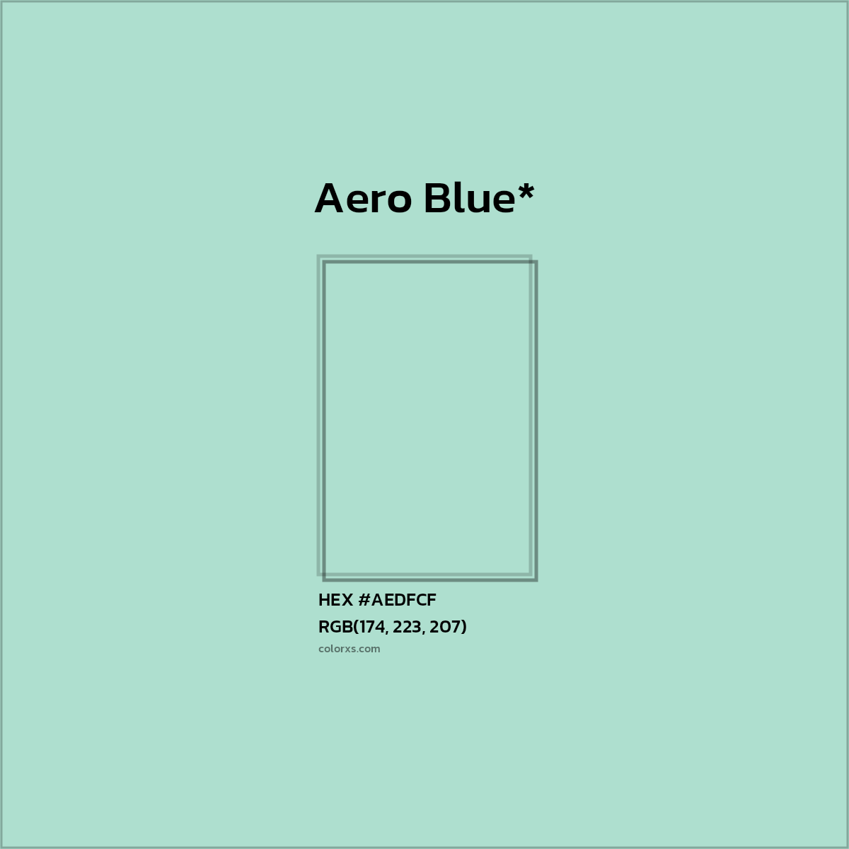 #AEDFCF hex color. RGB, RYB, CMYK, HSL, HSV codes and color conversions. Matching color names, palettes, paints.