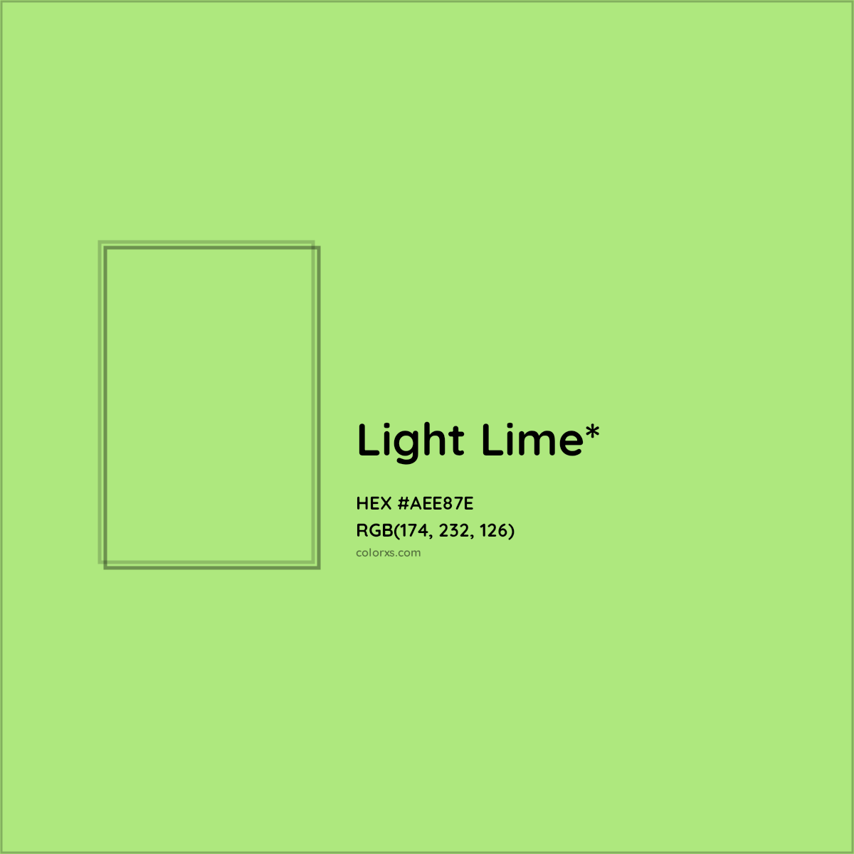 #AEE87E hex color. RGB, RYB, CMYK, HSL, HSV codes and color conversions. Matching color names, palettes, paints.