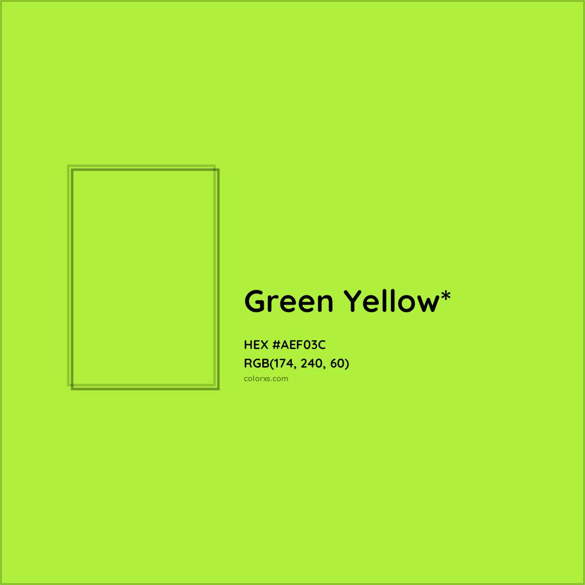 #AEF03C hex color. RGB, RYB, CMYK, HSL, HSV codes and color conversions. Matching color names, palettes, paints.