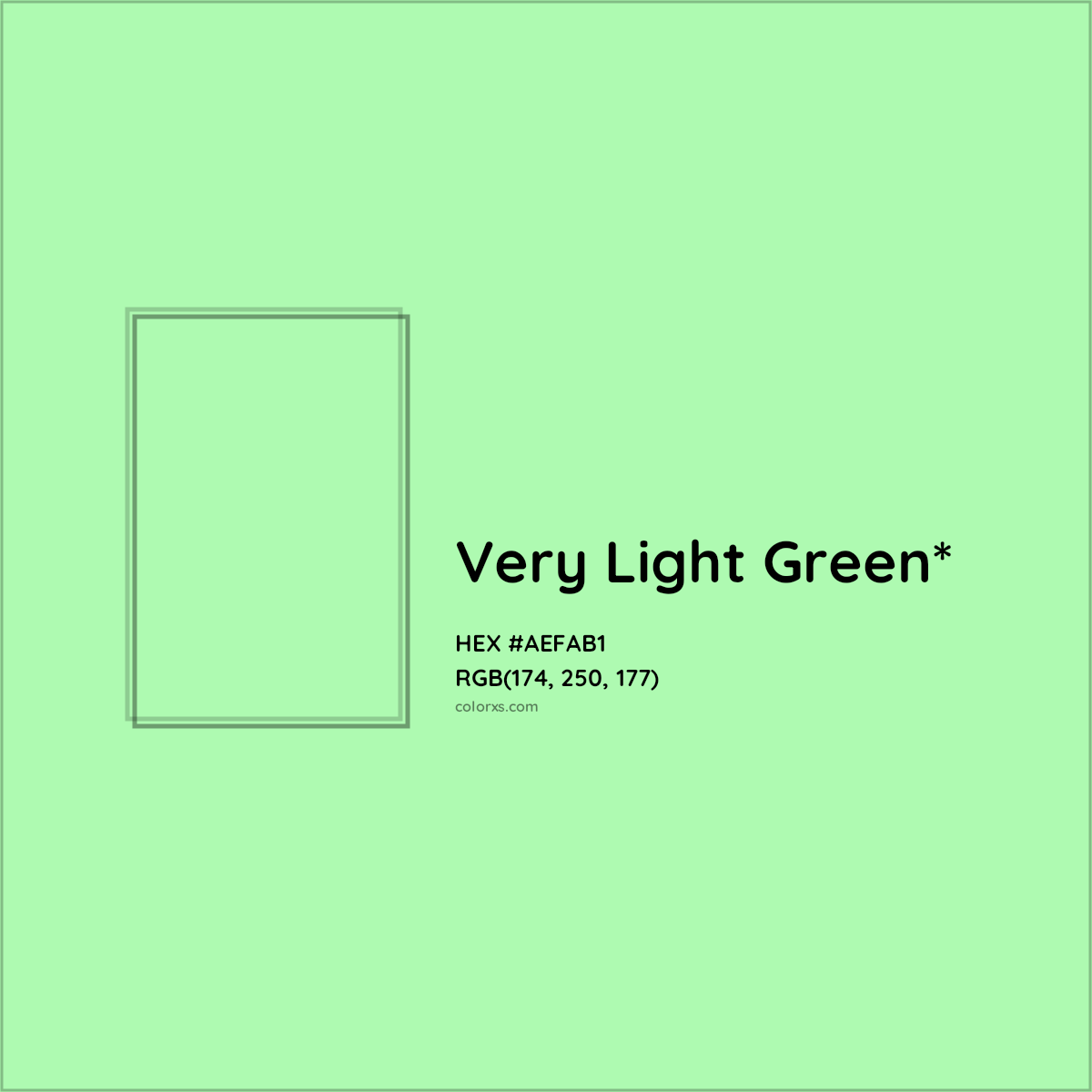 #AEFAB1 hex color. RGB, RYB, CMYK, HSL, HSV codes and color conversions. Matching color names, palettes, paints.