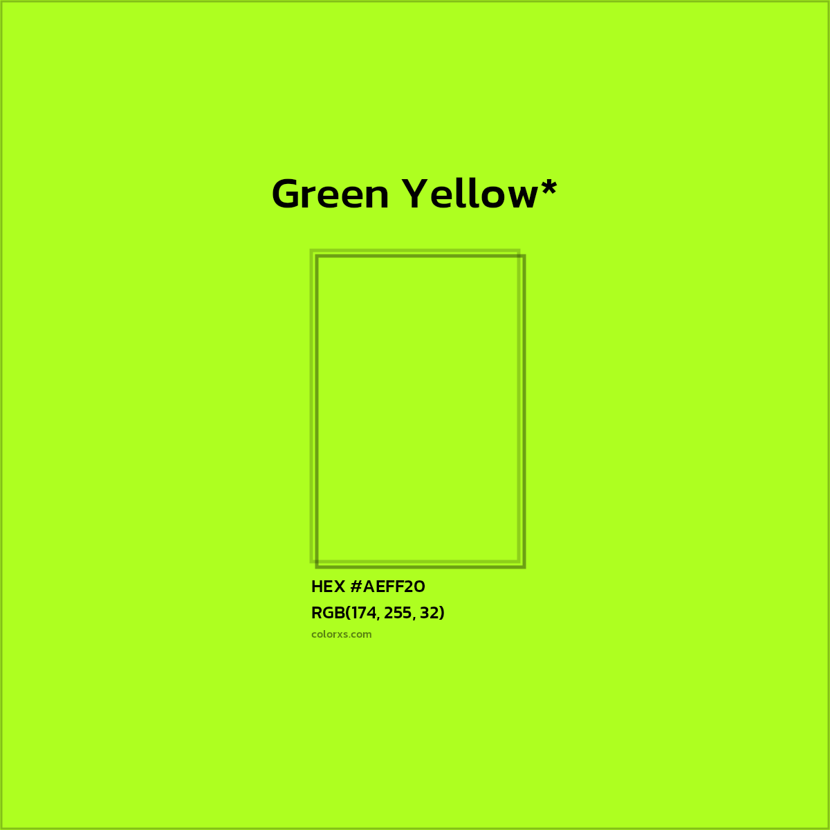 #AEFF20 hex color. RGB, RYB, CMYK, HSL, HSV codes and color conversions. Matching color names, palettes, paints.