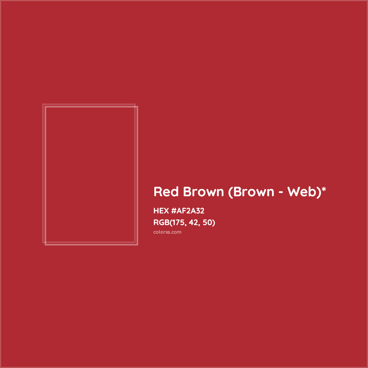 #AF2A32 hex color. RGB, RYB, CMYK, HSL, HSV codes and color conversions. Matching color names, palettes, paints.