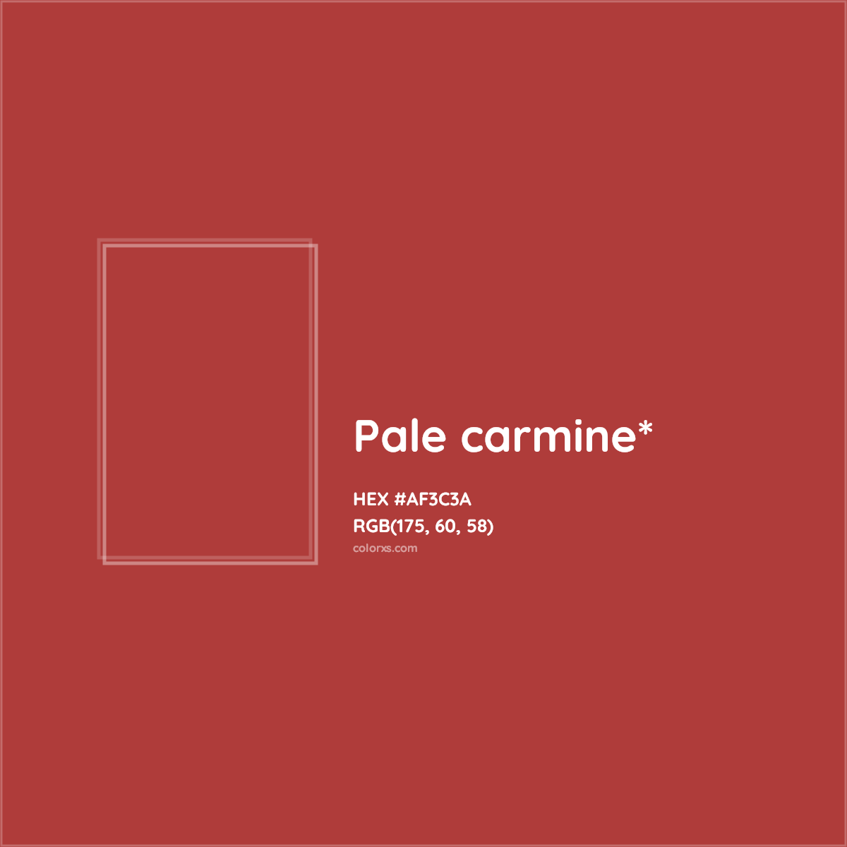 #AF3C3A hex color. RGB, RYB, CMYK, HSL, HSV codes and color conversions. Matching color names, palettes, paints.
