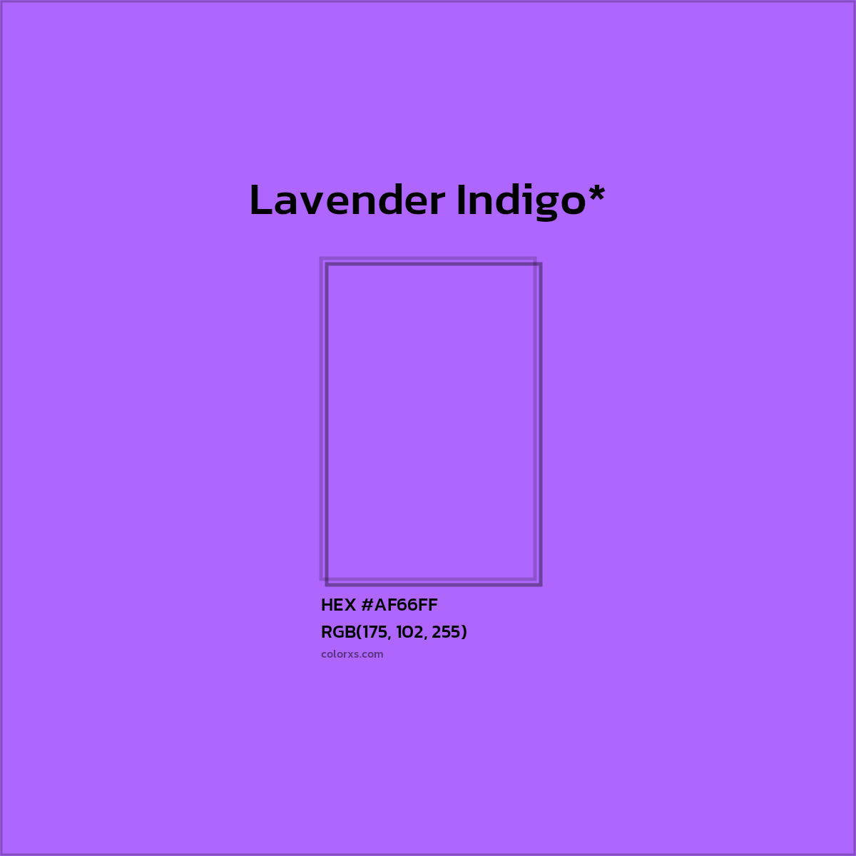 #AF66FF hex color. RGB, RYB, CMYK, HSL, HSV codes and color conversions. Matching color names, palettes, paints.