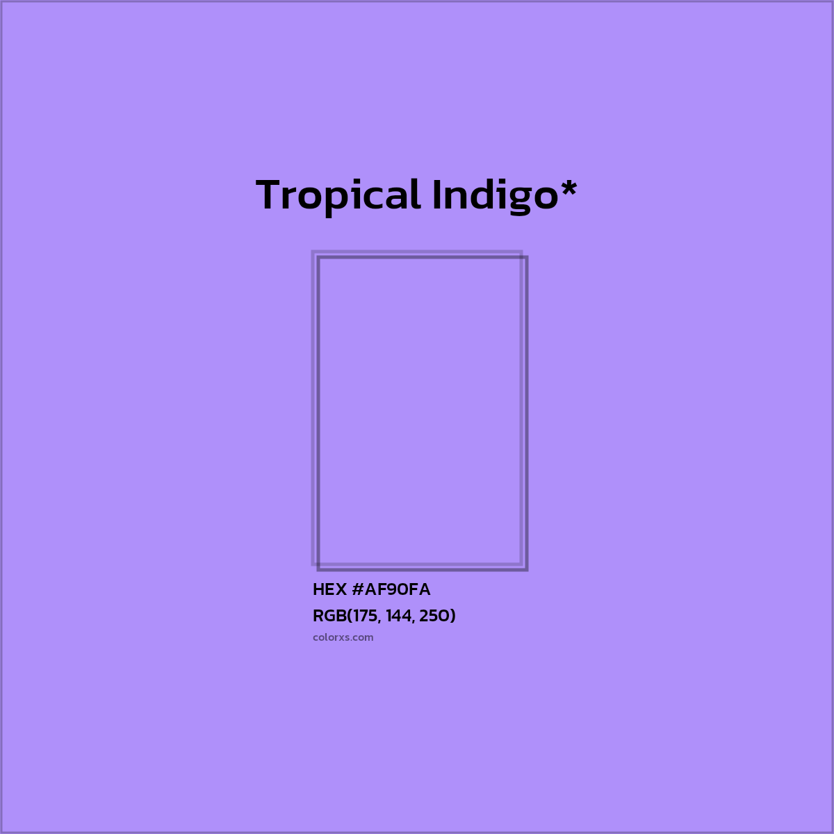 #AF90FA hex color. RGB, RYB, CMYK, HSL, HSV codes and color conversions. Matching color names, palettes, paints.