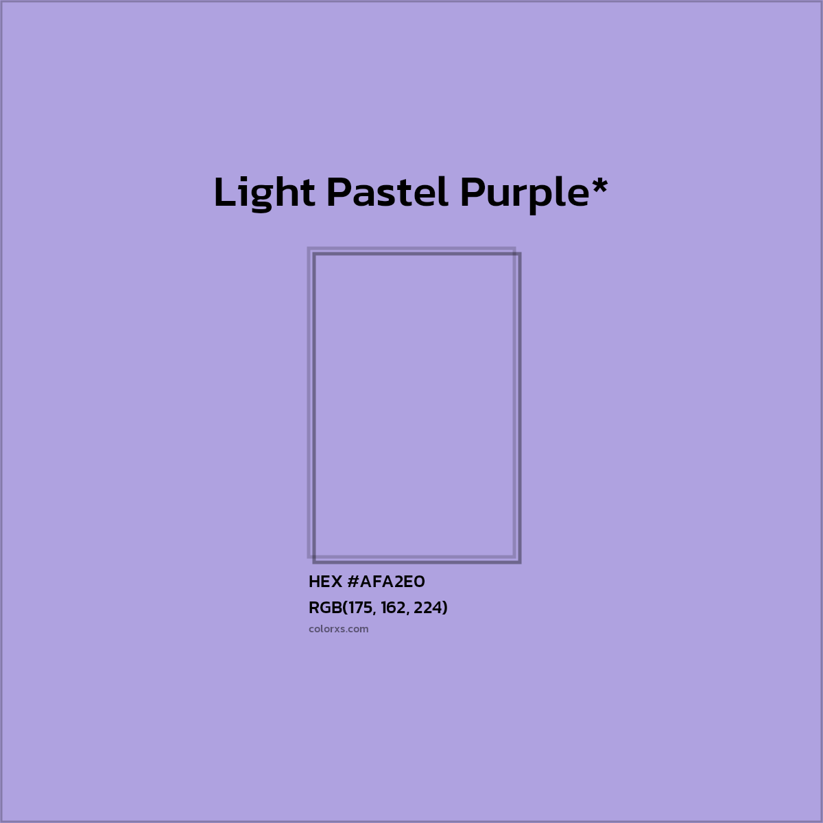 #AFA2E0 hex color. RGB, RYB, CMYK, HSL, HSV codes and color conversions. Matching color names, palettes, paints.