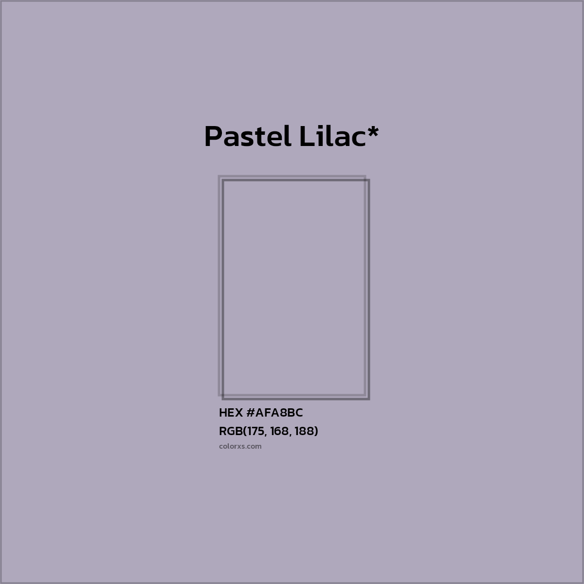 #AFA8BC hex color. RGB, RYB, CMYK, HSL, HSV codes and color conversions. Matching color names, palettes, paints.