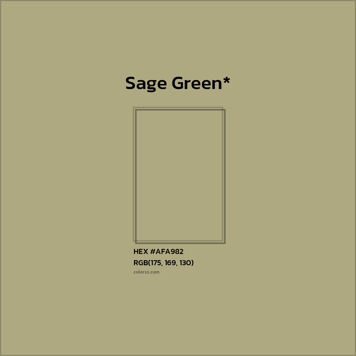 #AFA982 hex color. RGB, RYB, CMYK, HSL, HSV codes and color conversions. Matching color names, palettes, paints.